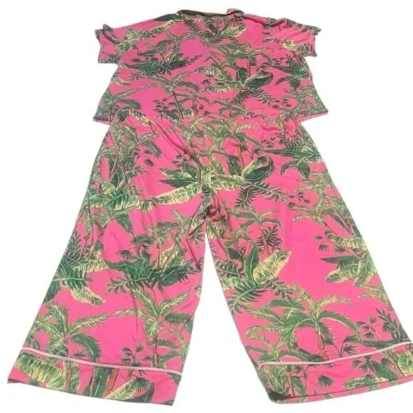 Room Service Pink & Green Palm Tree Print Pajama Set Size XXL - Picture 5 of 12